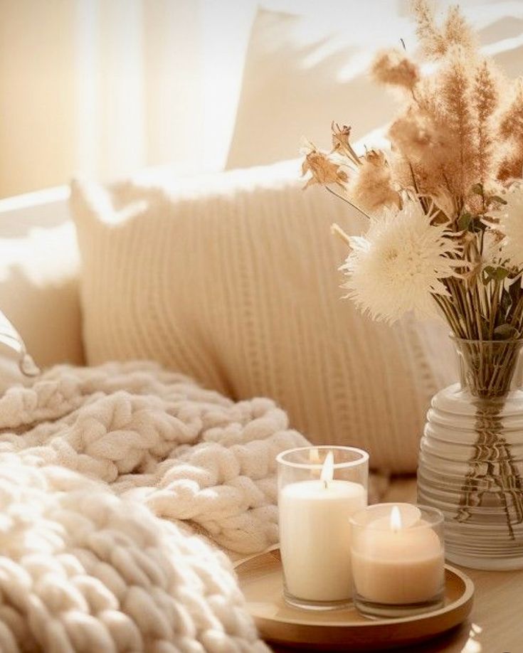 calming environment, candle, blanket, flowers