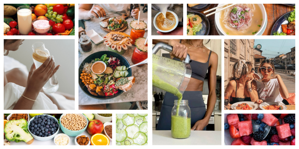 healthy food collage, fruit, vegetables, water, meal inspiration 